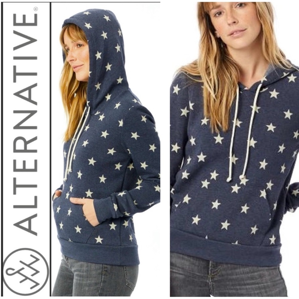 ALTERNATIVE Women’s Blue & White Star Hoodie With Pockets Sweatshirt Sz …